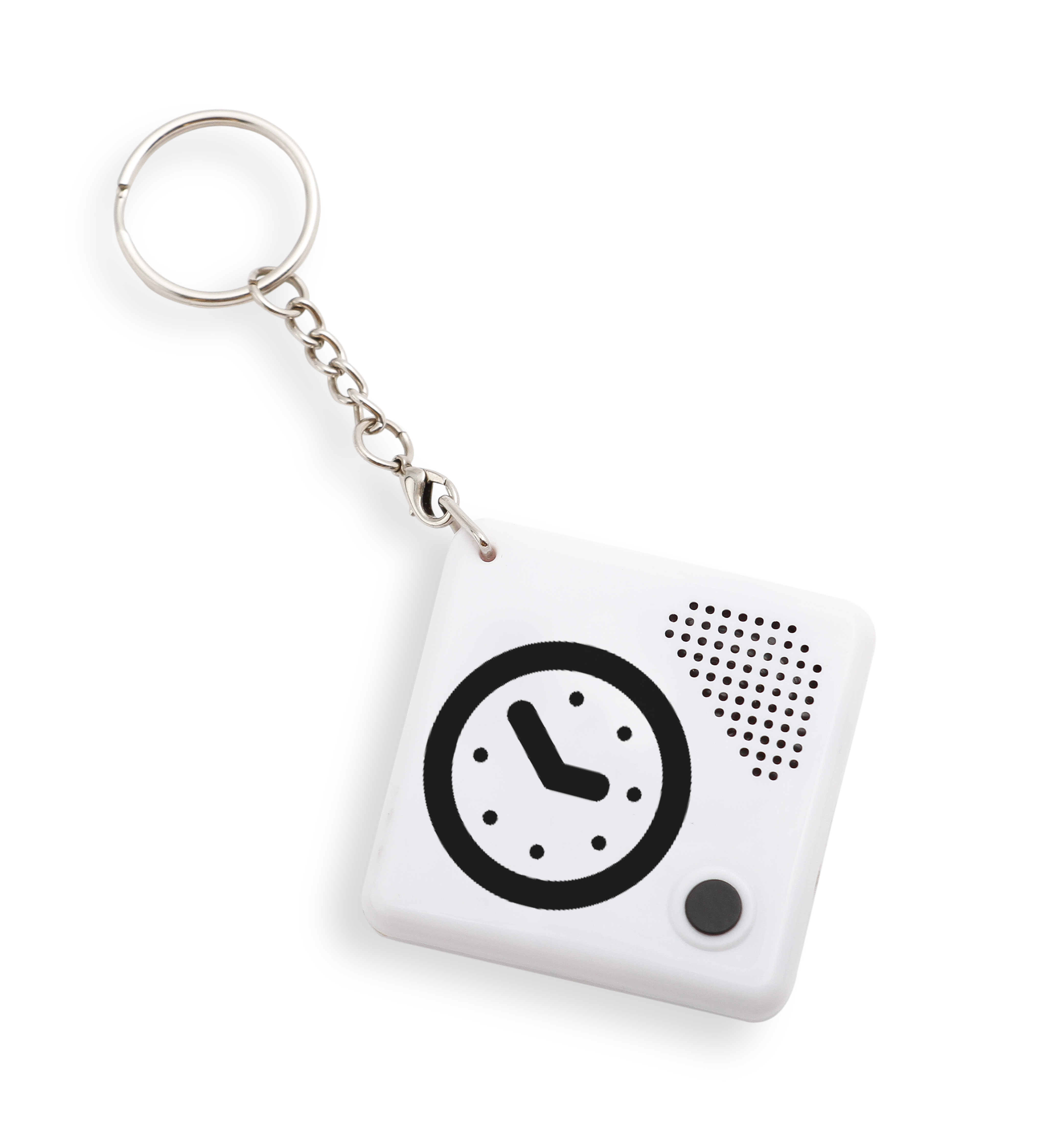 A clock keyring with a speaker