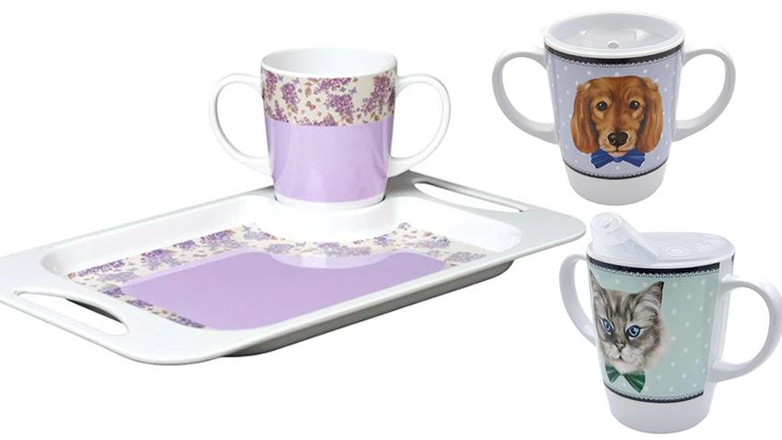 Rosa trays and double handed mugs decorated with purple flowers, cats and dogs