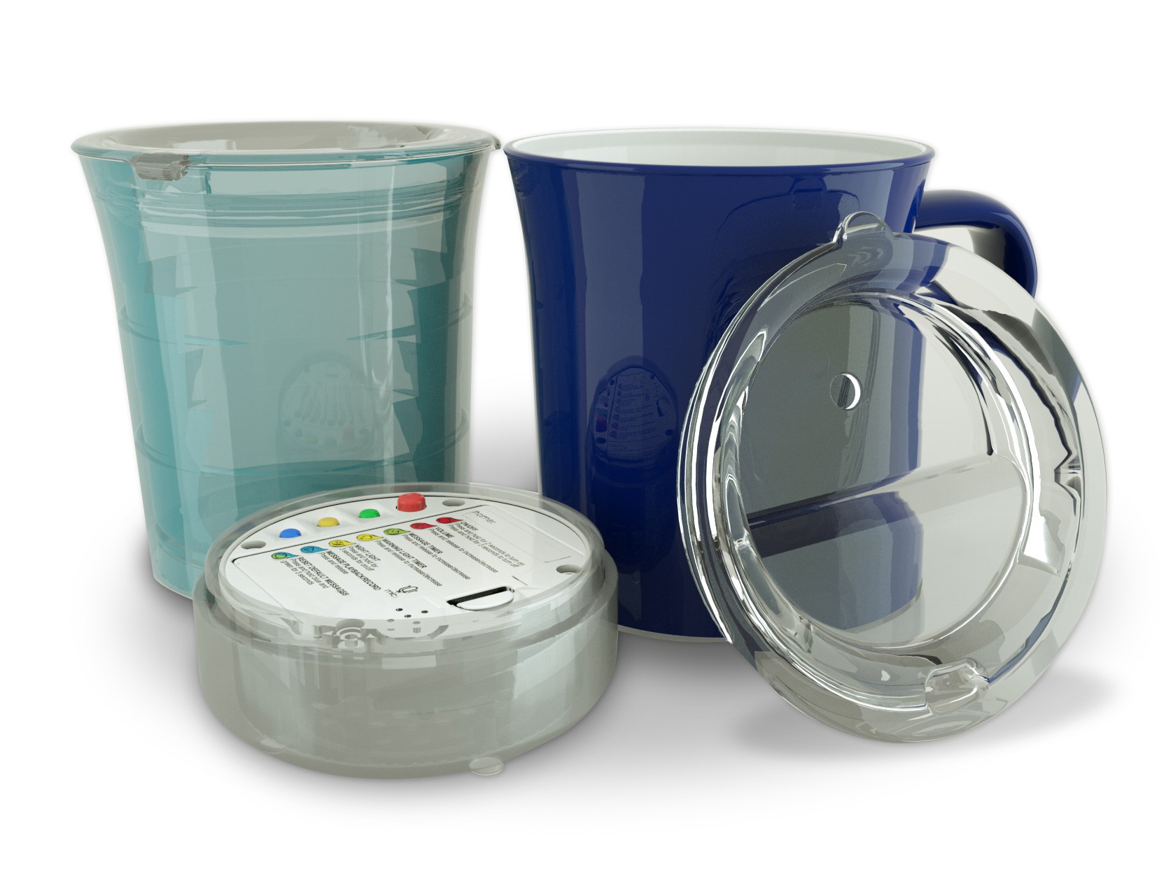 Two mugs next to a gadget with buttons