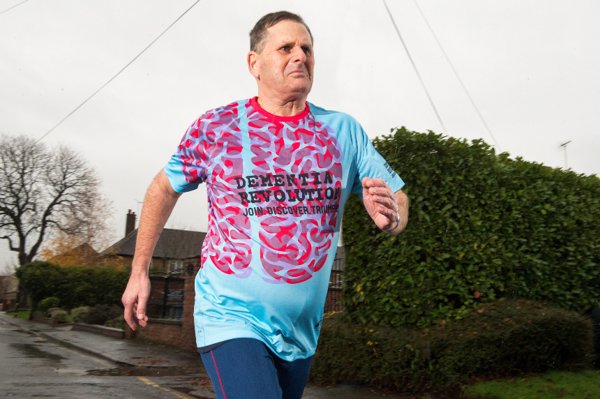 Harry running wearing a Dementia Revolution shirt