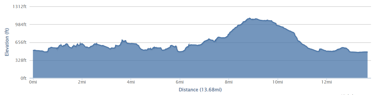 A graph showing the elevation of the 13 mile route. Reaching highs of 570m