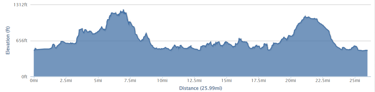Graph showing the elevation of the 26 mile route. Reaches highs of 1119m