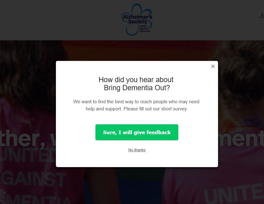 Bring Dementia Out website intercept feedback prompt.