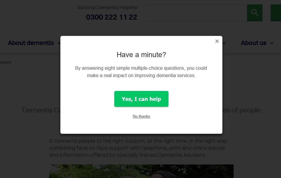 Example of website intercept seeking feedback to help improve services.