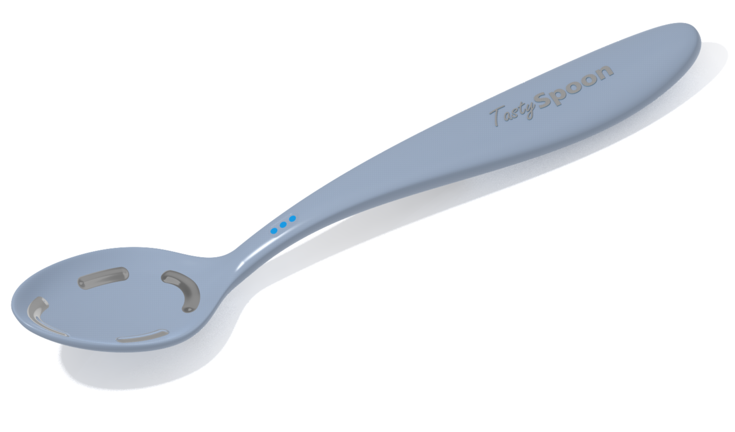 Computer-generated image of the prototype Tasty Spoon; a grey plastic spoon with visible sensory pads on the bowl of the spoon.