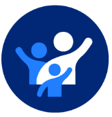 A blue circle with white and blue logo