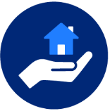 A blue circle with a white hand holding a blue house
