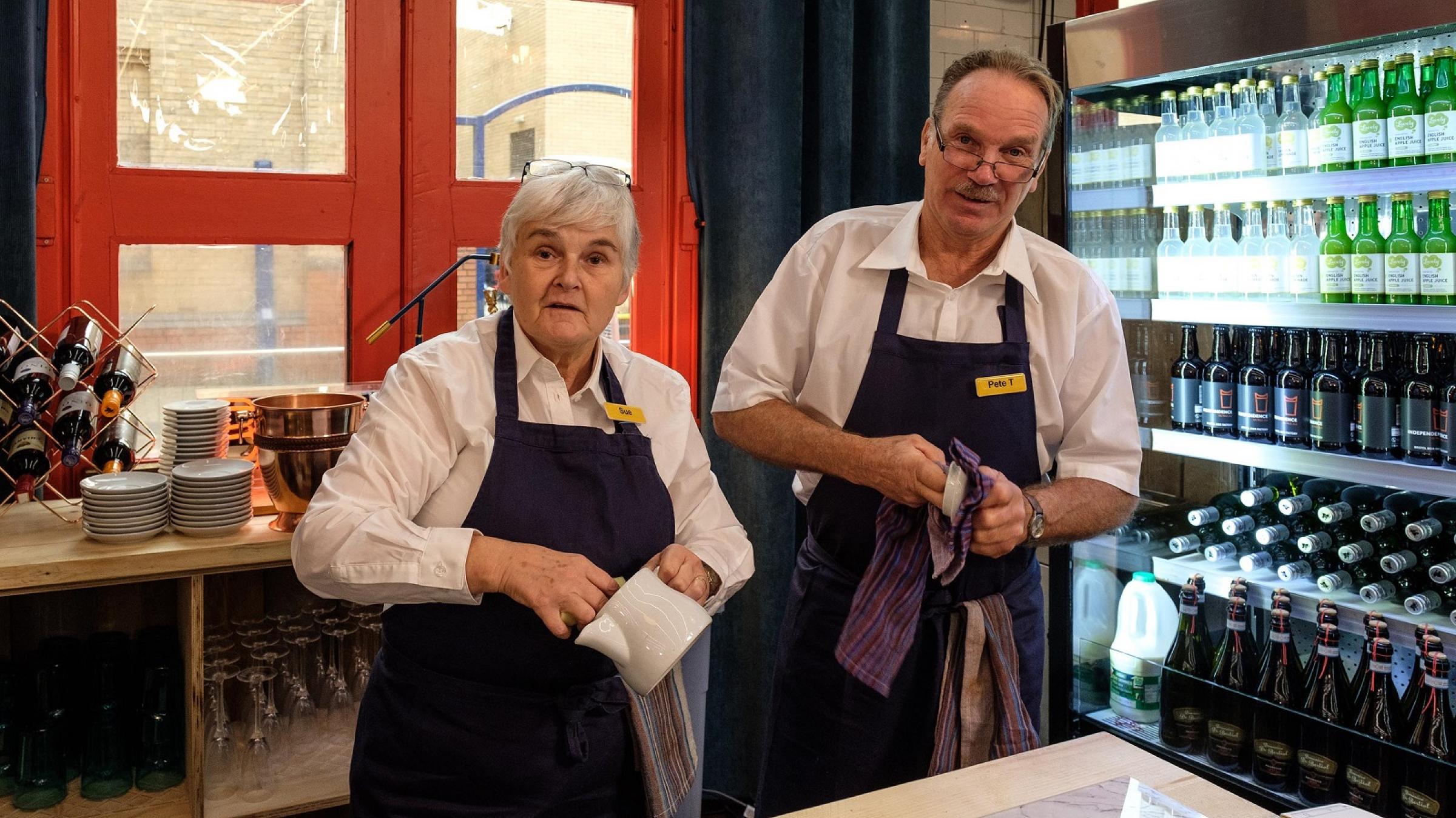 Sue and Pete working at the restaurant