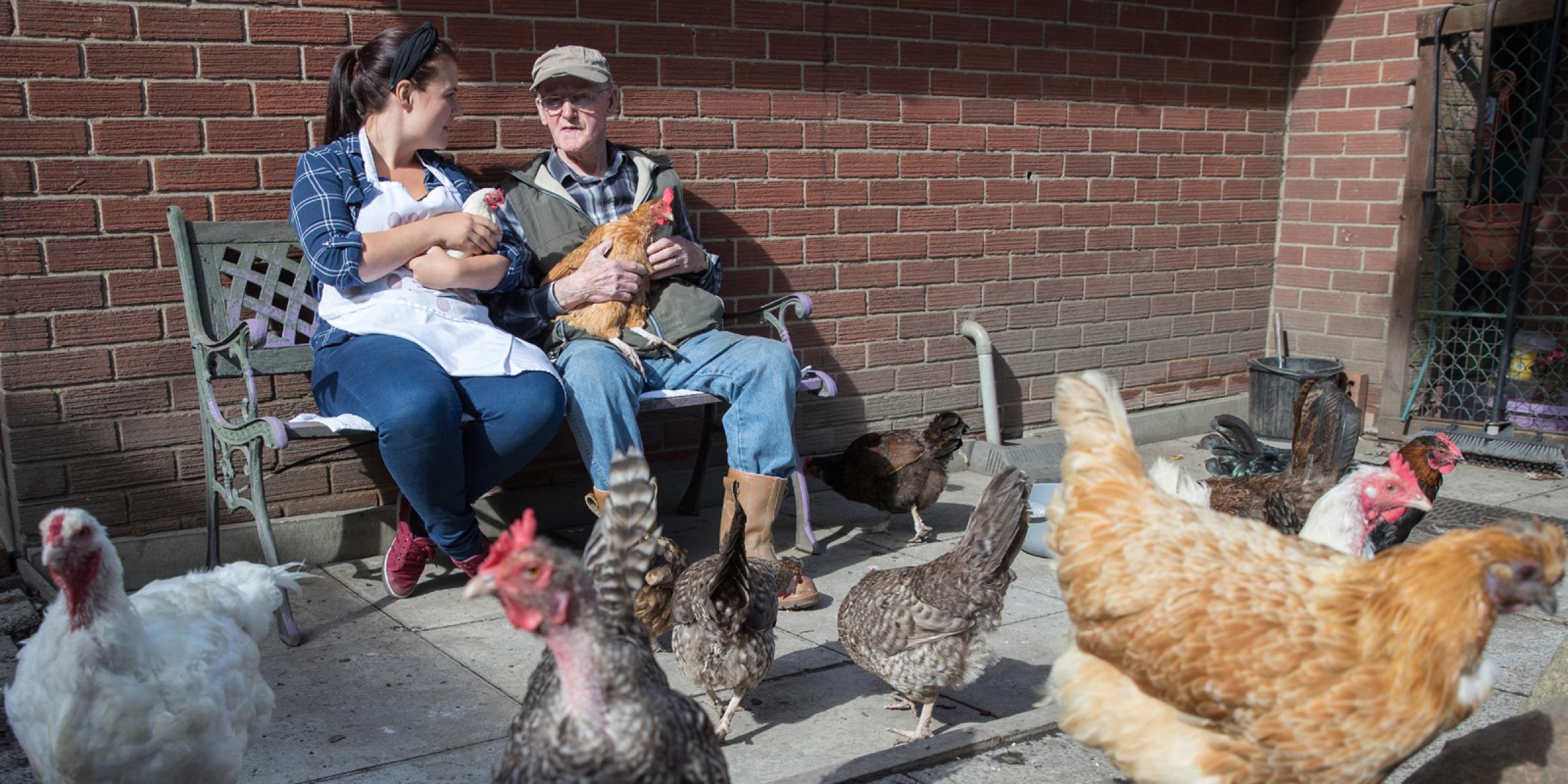 A man and a woman sit outside holding hens 