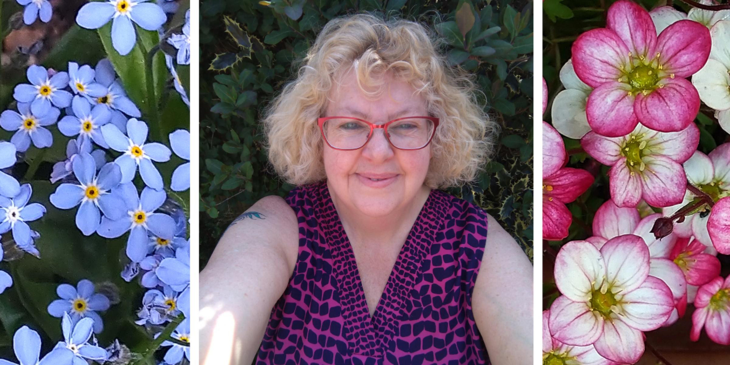 Tracey smiling with pictures of flowers in her garden