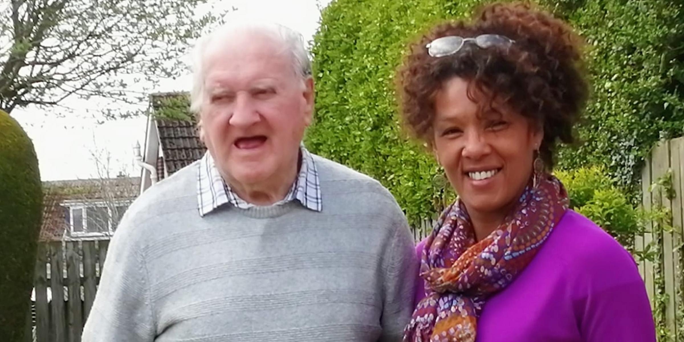 Janice beside her father in the garden