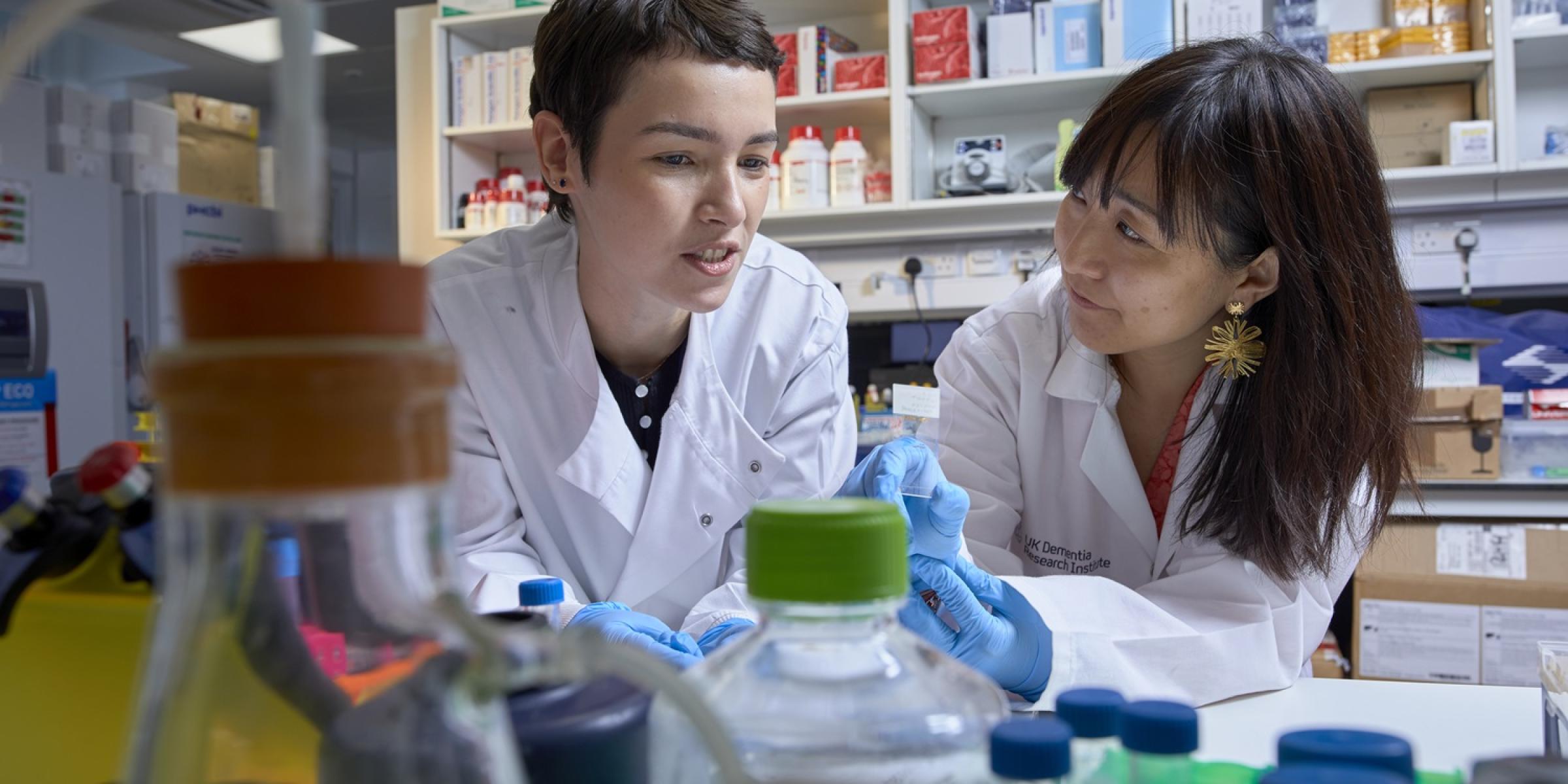 Two dementia researchers in the lab