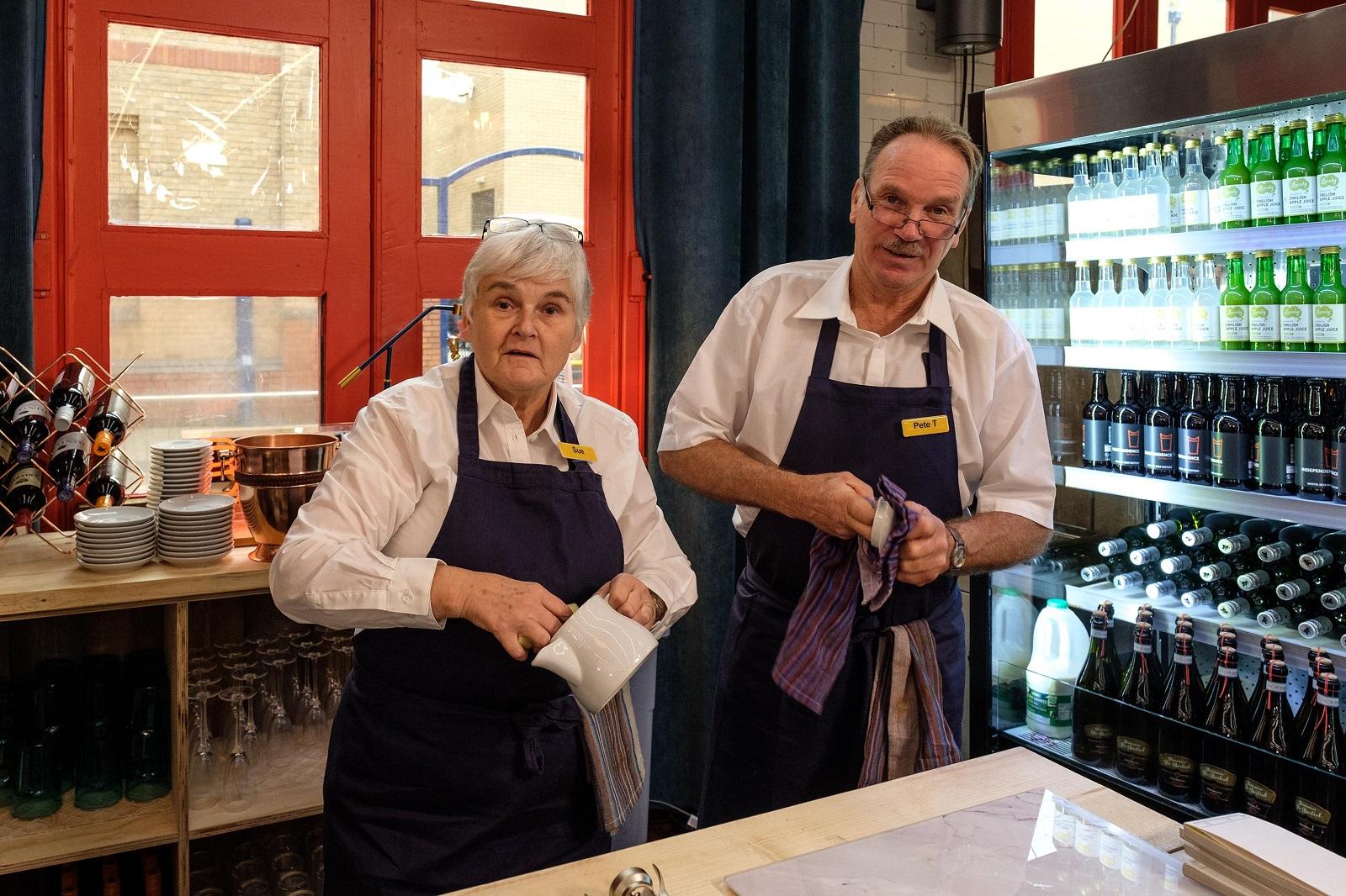 Sue and Pete working at the restaurant