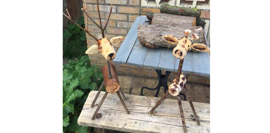 Carl's wooden giraffe and deer