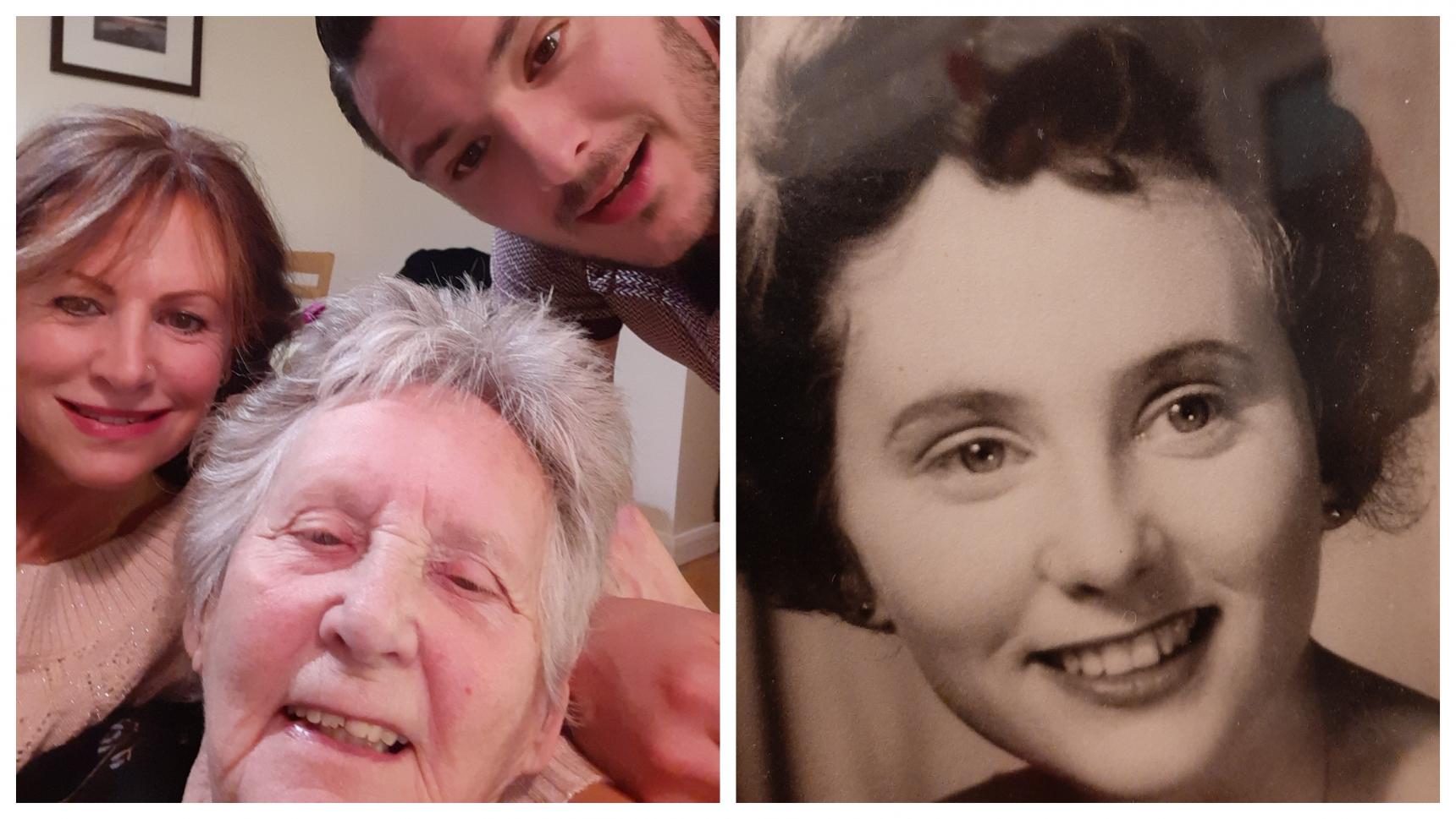 Left image: Jacqueline with Audrey and her grandson; Right image: Audrey as a young woman