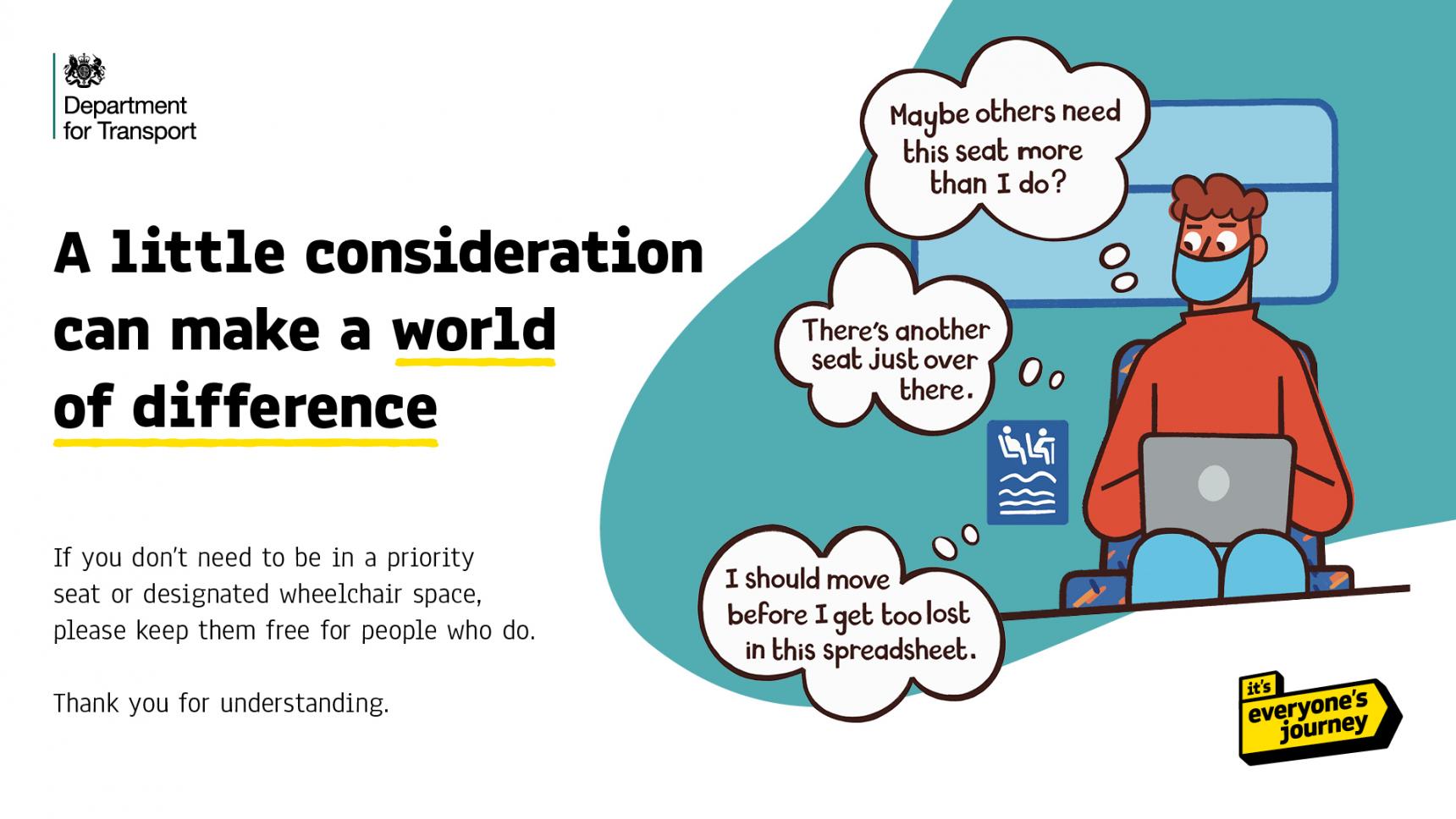 Graphic with the Department for Transport and it’s everyone’s journey logos and the text “A little consideration can make a world of difference.” 
