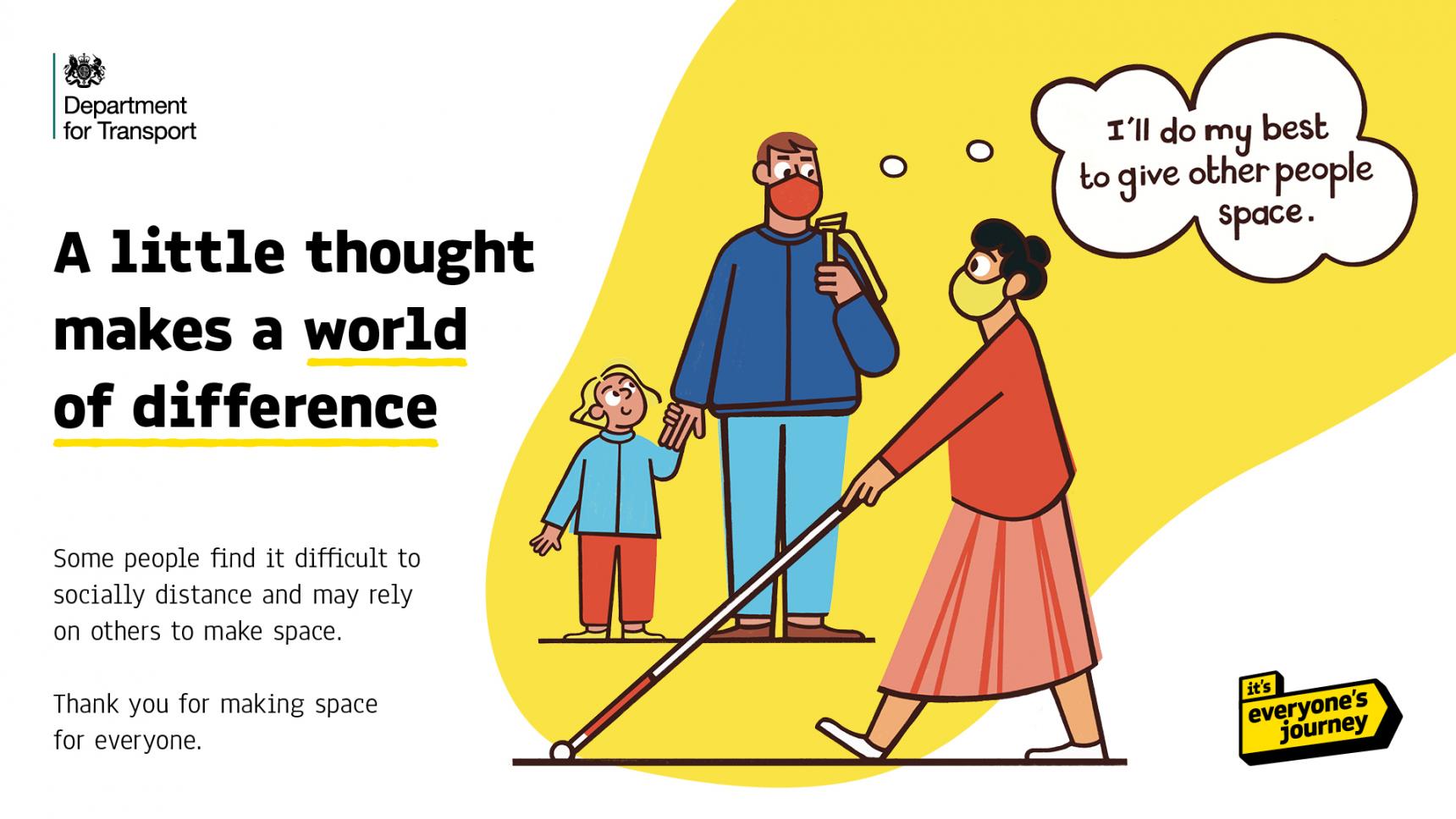 Graphic with the Department for Transport and it’s everyone’s journey logos and the text “A little thought makes a world of difference.”