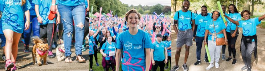 Collage of Memory Walk participants, including Vicky McClure and a dog on a lead