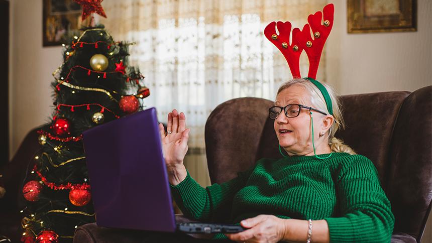 Wearing reindeer headgear while on a video call
