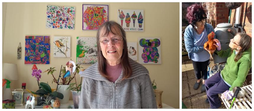 Marion with her colouring and Louise holding a chicken