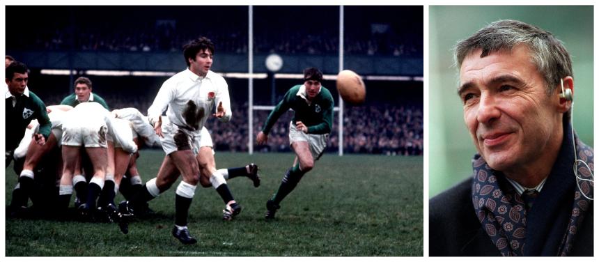 Charlie Starmer-Smith's dad pictured as a young man playing rugby, and in later years as a commentator 