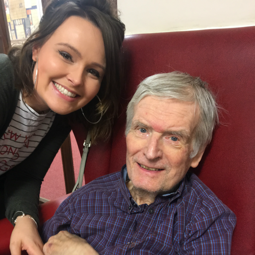 Amy and her Grandad taking a selfie, smiling