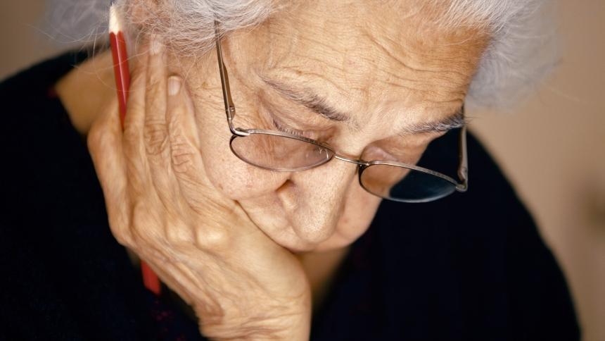 Bhagwant reading, concentrating with a pencil in her hand