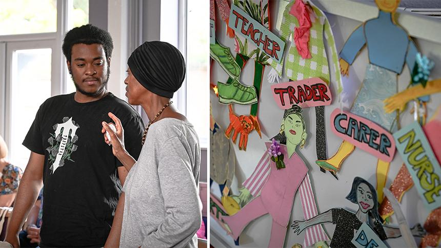 A mother and son from the Young Onset Dementia Activists standing and speaking.