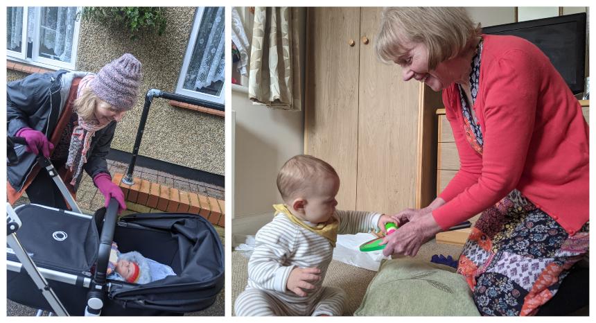 Anita with her grandson, in a buggy and another picture playing on the floor together