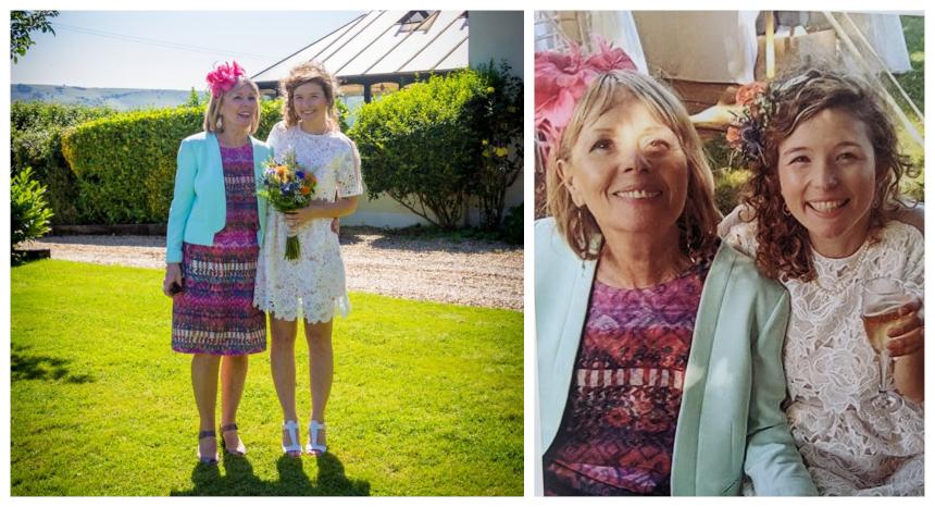 Anita with her daughter on Cara's wedding day both beaming with joy