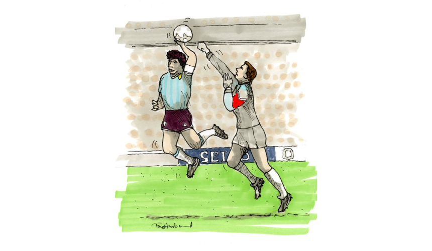 A cartoon illustration of Maradona's 'hand of God' goal in the 1986 World Cup, drawn by Tony Husband