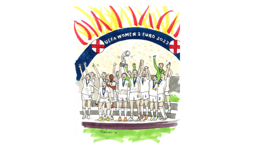 A cartoon illustration of the England Women's football team lifting the 2022 Euros trophy, drawn by Tony Husband