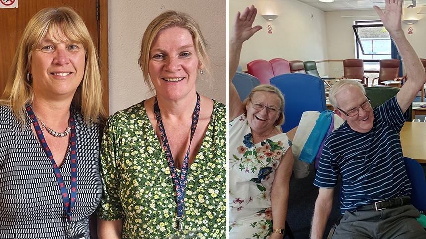 Jo Flitton and Lesley Skinner (left) and Sit to Keep Fit participants (right)