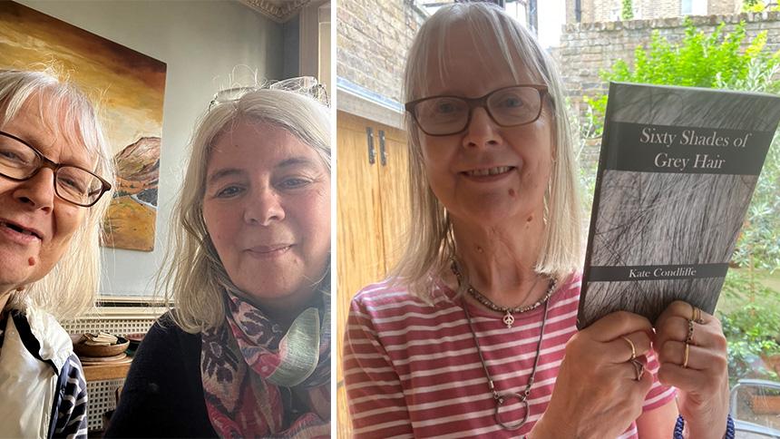 Left: Cordelia and her wife Kate on an outing, Right: Kate holds a book she wrote