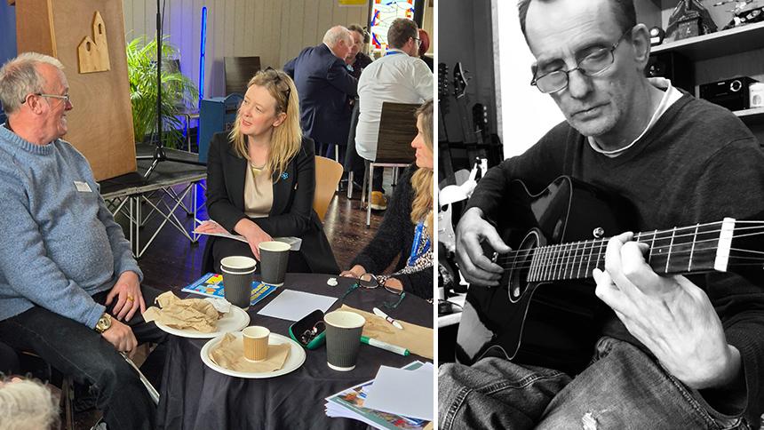 Mike Symmonds talking with Jayne Bryant MS, and Geoff Mock playing guitar