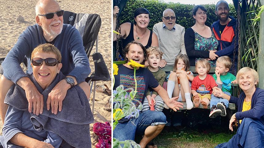 Left, Glenys and Ralph sit together on a beach. Right, a picture of Ralph surrounded by his family in the garden.