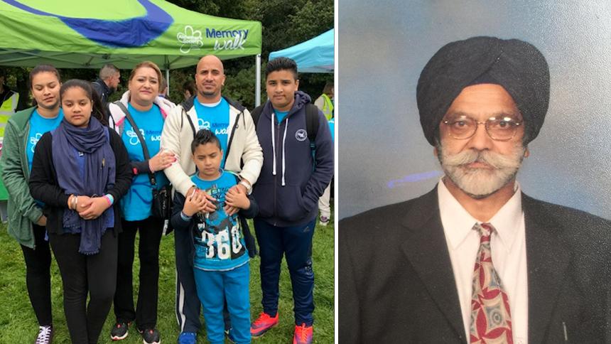 Suki and her family at a Memory Walk with a picture of her dad Mehal