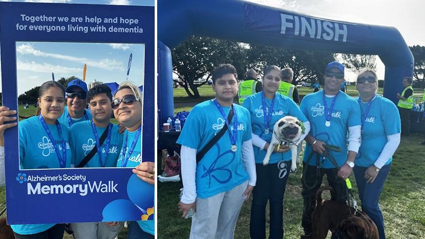Suki and her family at the finish line of a Memory Walk and posing with a large photo frame