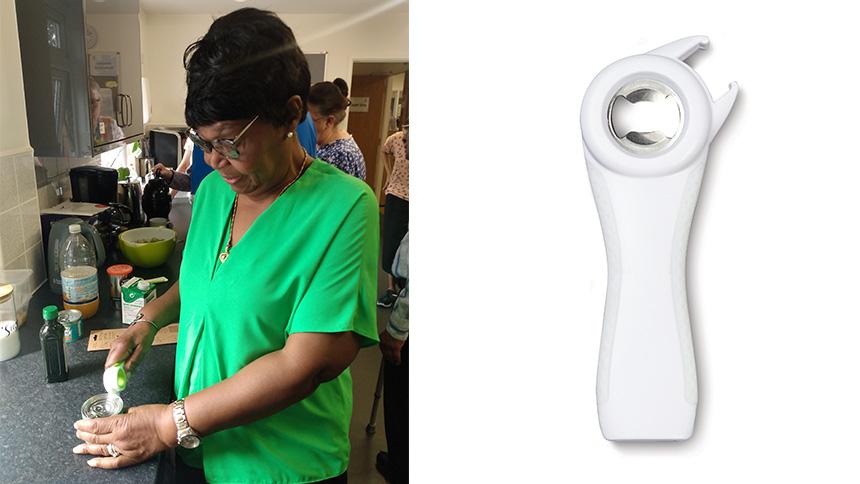Woman in green top testing the Kitchen Genie tool on a can and close-up of gadget with white handle