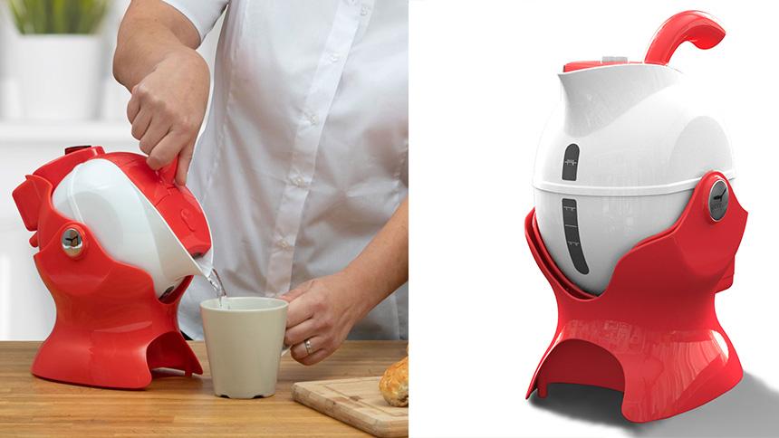 Water being poured out of red kettle into a cup and kettle upright on a worktop