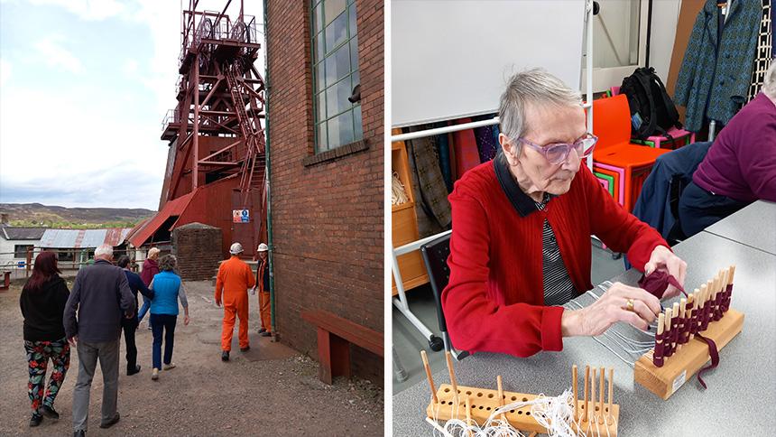 Group from Museums Inspiring Memories visiting Big Pit mining museum and older woman sat down weaving with loom 