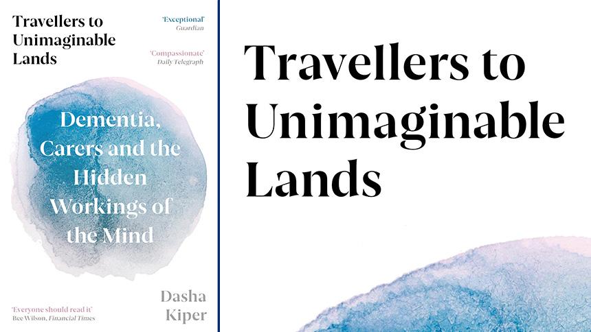 White cover of Travellers to Unimaginable Lands with blue and grey design feature