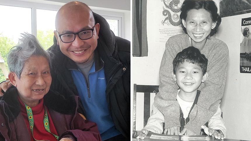 Alex as an adult smiling while putting his arm around his mum To and Alex as a child with his mum To stood up behind him smiling with her arms around him