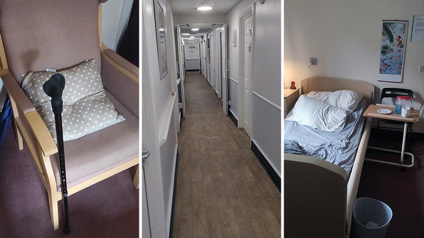 To's empty high-backed chair at her care home, a white corridor with lots of doors and To's bed and bedside table