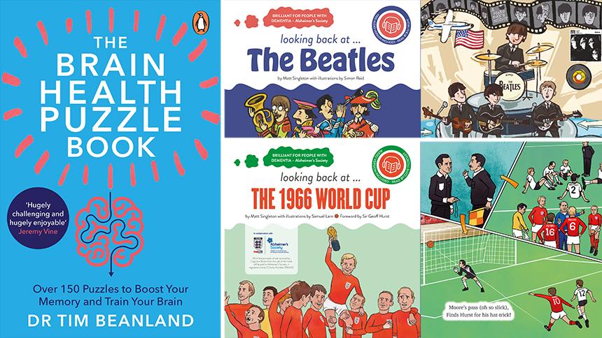 Book covers of Brain Health Puzzle Book and Cognitive Books on 1966 World Cup and the Beatles.