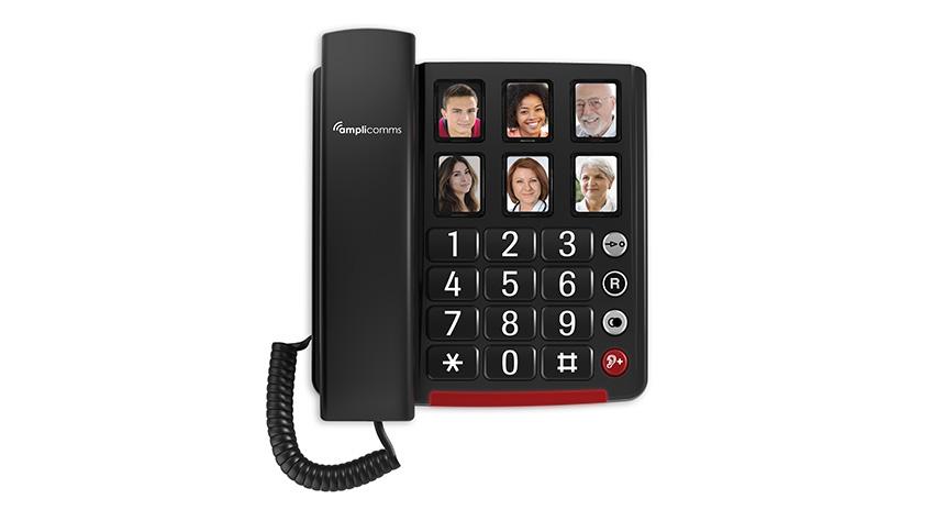 Black landline handset with big buttons and photo buttons