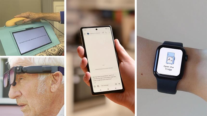 Four of the innovations: man wearing black glasses frames, a screen with a fitted telephone handset, phone screen featuring interactive chat and a smartwatch