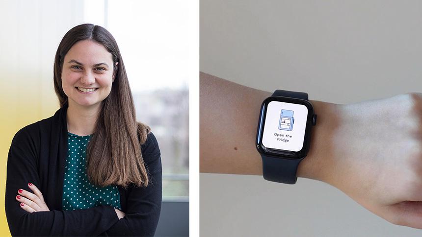 Cristina, from the AUTONOMOUS team smiling with her arms crossed. She has long brown hair and is wearing a cardigan and green top. An AUTONOMOUS smartwatch on a person's wrist.