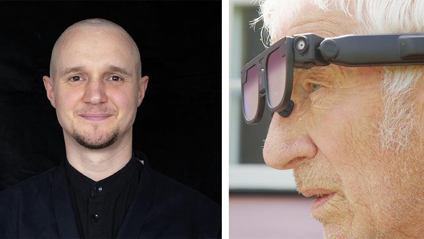 Szczepan from Animorph Co-op smiling and wearing a black shirt, and older man wearing black CrossSense glasses with technology