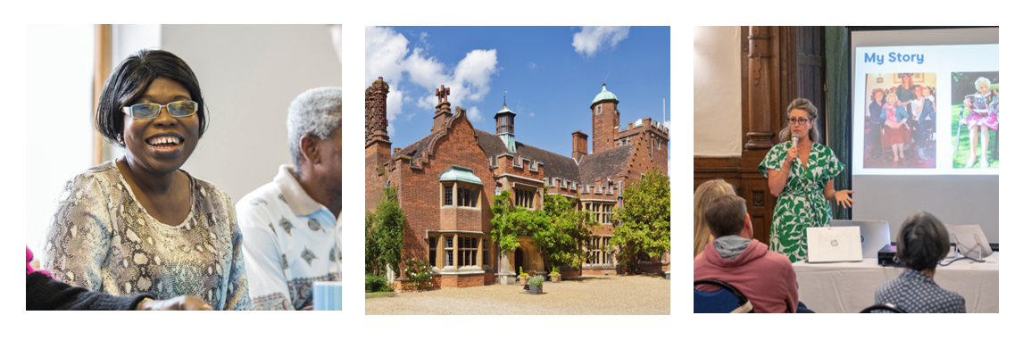 Three images show a woman smiling, a country estate and a woman giving a presentation